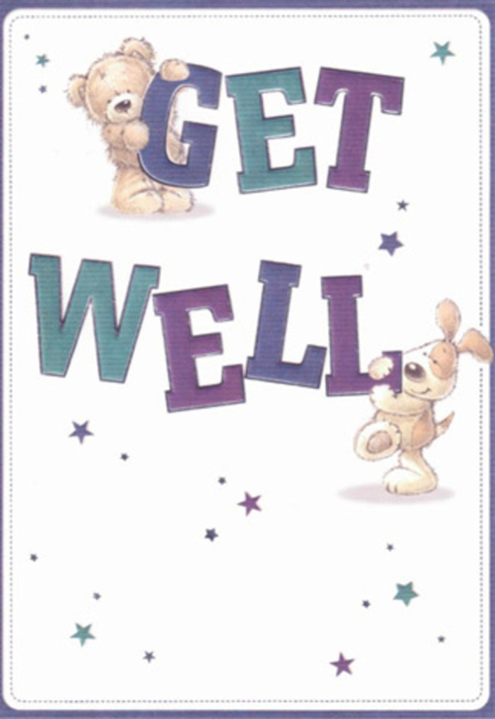 This illustrated get well card is a lively celebration of heartfelt care and optimism, its imagery carrying the comfort of a hand-delivered bouquet. Prominently featured are a loveable bear and an eager puppy, both full of vibrant character, their bodies curling protectively around bold, oversized letters that declare 'Get Well.' The hues-cool indigo and cheerful teal-bring to mind bright market stalls on Kilburn Lane. Stars, dotted thoughtfully throughout the composition, glitter like the first lights appearing in Queen's Park as evening falls. The bear's slightly tousled fur and the puppy's soft, floppy ears create an inviting sense of texture-nearly tangible, as if you could hug them for reassurance. The crispness of the white background radiates a sense of hope and cleanliness, qualities cherished by those seeking comfort nearby. For someone recovering in NW6, this card feels much like the experience of receiving fresh flowers from a trusted local shop-each element carefully balanced, each stroke or petal designed to bring a smile. The atmosphere is gentle yet uplifting, making it a perfect little celebration of kindness and support for any neighbour on the road to wellness.
