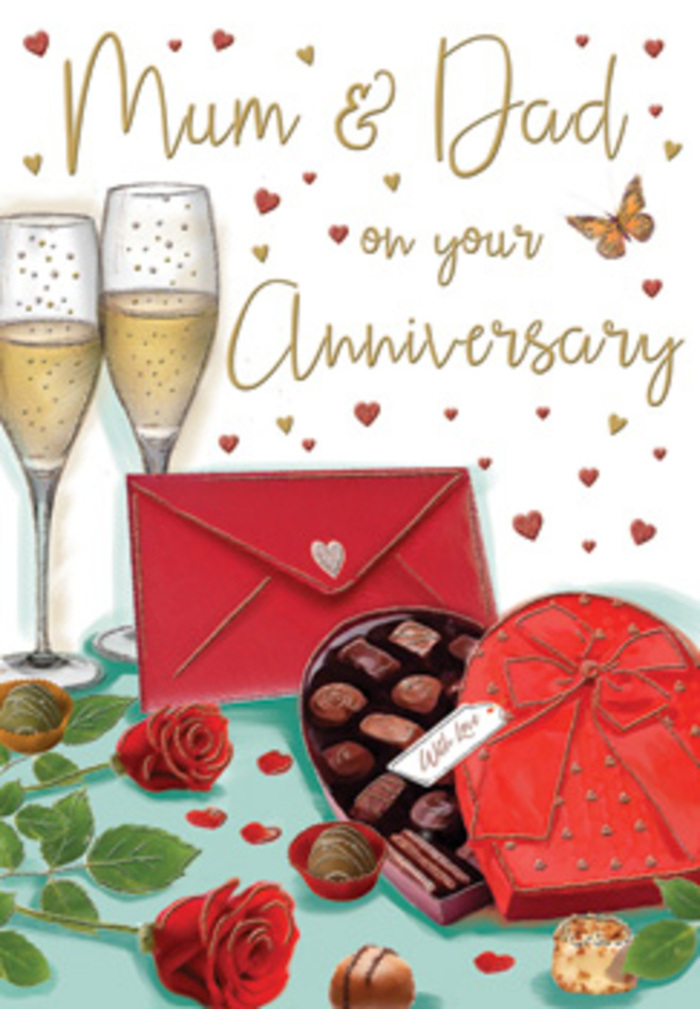 This romantic anniversary card illustration unfolds like a little still life set on a polished table in a Queen's Park townhouse, carefully curated to honour enduring love. Dominating the foreground is a heart-shaped box of chocolates in deep, glossy red, its lid propped open to reveal neat rows of indulgent truffles in dark and milk chocolate tones. A lavish red bow curls across the cover, its satin sheen catching the light and adding a sense of grand celebration. Just behind, two tall champagne flutes stand in close companionship, their stems slender and elegant, filled with pale golden champagne whose bubbles rise in fine, effervescent streams. To the side, two crimson red roses lie gracefully on the tabletop, their petals plush and layered the way only the freshest roses appear when they arrive from a skilled local florist. Their rich colour is accented by lush green leaves, creating a vivid contrast that immediately draws the eye. Resting near the chocolates is a scarlet envelope, perfectly sealed and angled as if just set down after being signed with love, ready to be opened by a cherished Mum and Dad. Across the background, delicate trails of gold and crimson hearts float in soft arcs, weaving around gently hand-lettered anniversary greetings that feel warm and personal. The lighting is mellow and inviting, as though the card were viewed under cosy lamps in a home near Queen's Park station, with a quiet evening stretching ahead. Together, the roses, champagne, chocolates, and envelope build a tender narrative of shared memories, gratitude, and the promise of many more family celebrations to come in Queen's Park.