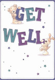 The playful design of this get well card captures the spirit of Queen's Park with endearing charm. Two cheerful friends-a plush teddy bear and a floppy-eared puppy-take centre stage, each engaged in presenting a vibrant 'Get Well' message. Their fuzzy fur and bright, trusting eyes seem to radiate comfort and hope, much like a freshly arranged bouquet delivered to a home on Harvist Road. Scattered across the crisp, inviting white background, bursts of purple and blue stars flicker, lending a magical, uplifting energy. The lettering itself, a bold mix of teal and indigo, leaps confidently forward, echoing the lively vibe found in the park on sunny afternoons. The mood here is light but deeply sincere, offering emotional warmth and encouragement with every detail. For anyone in NW6 needing a gentle nudge of positivity, this card embodies the attentive, nurturing spirit you'd expect from your favourite local florist-a delightful way to send genuine care and light to friends or family in recovery.