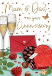 This detailed anniversary card illustration creates a romantic tableau that feels perfectly suited to a family gathering in Queen's Park, celebrating devoted parents. At the heart of the scene, two elegant champagne glasses stand side by side, brimming with pale, sparkling fizz that glows softly as though lit by candlelight. Their closeness suggests a long-standing partnership, toasting yet another year together. In the foreground, a luxurious heart-shaped box of chocolates, finished in rich red, lies invitingly open. Its satin bow cascades over the lid, and the neatly placed truffles inside look indulgent and carefully chosen, a sweet treat to share at the end of a special meal. To one side, a pair of velvety red roses rest against a bed of deep green foliage, their petals full and gently curling at the edges, reminiscent of a bouquet freshly gathered by an experienced florist near Salusbury Road. The roses' rich crimson colour harmonises with the chocolates and ribbon, tying the composition together. Nearby, a striking scarlet envelope is tucked into the scene, sealed and slightly angled, hinting at heartfelt handwritten words from children thanking their Mum and Dad. Scattered across the background, shimmering gold and red hearts drift like confetti, embracing softly scripted anniversary greetings that feel both celebratory and intimate. The overall lighting is warm and flattering, suggesting the calm glow of an evening spent at home after a stroll through Queen's Park, with laughter, shared stories, and the faint scent of roses in the air. The card captures not just a milestone date, but the enduring tenderness, sweetness, and joy of a long, loving marriage.